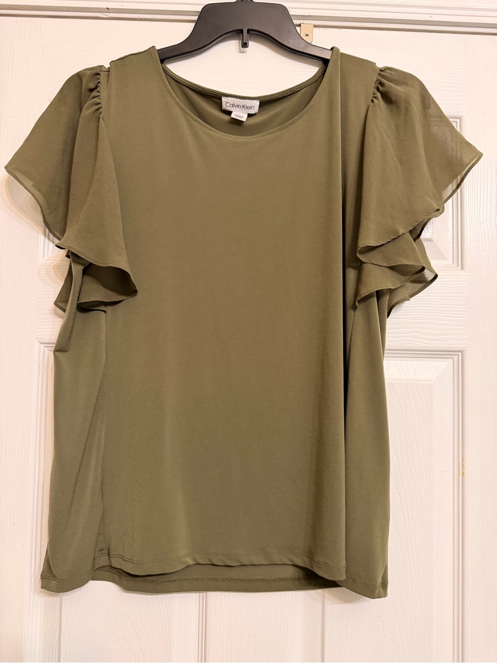 Calvin Klein Olive Green Flutter Sleeve Blouse Sz L